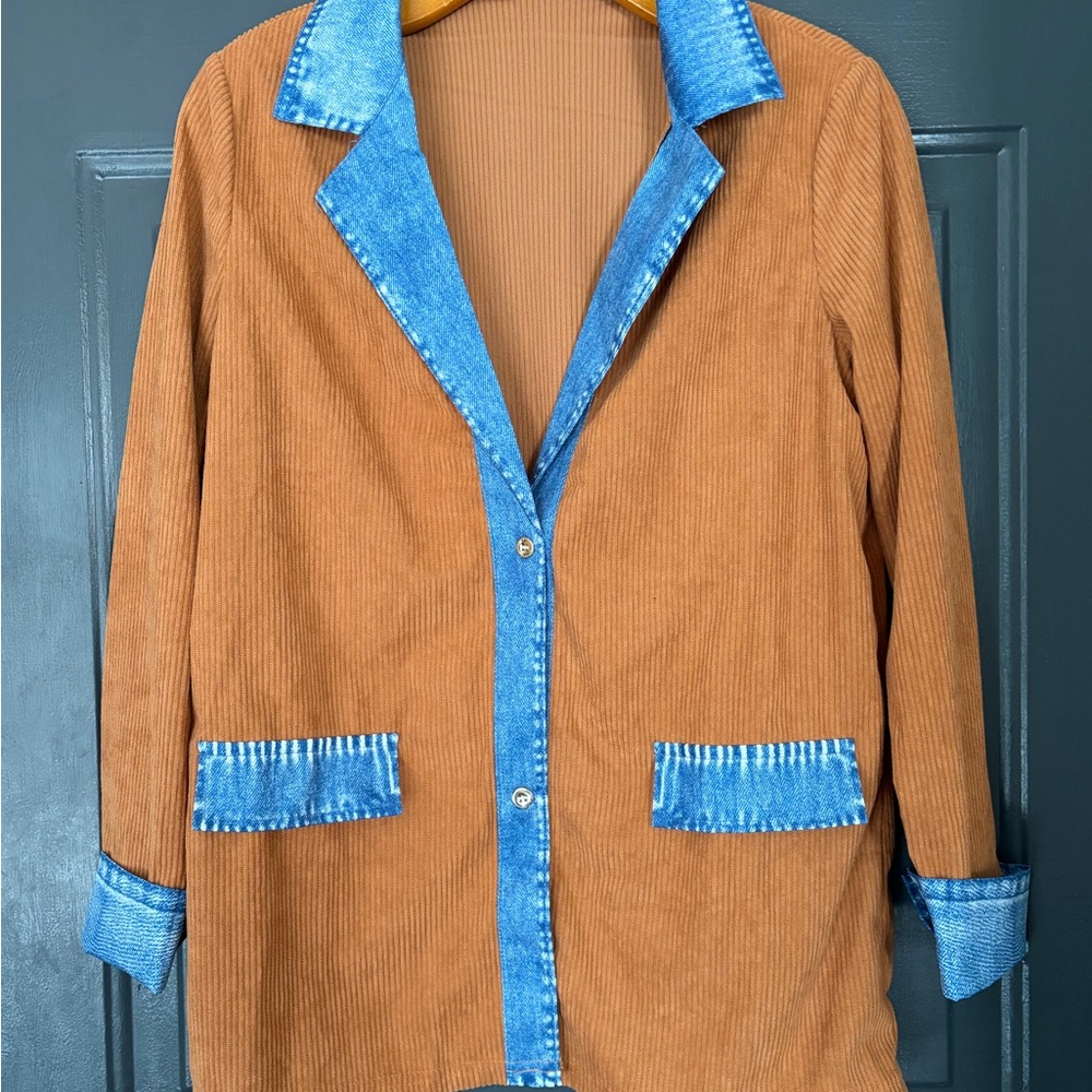 Tan Corduroy Blazer with Blue Contrast Trim